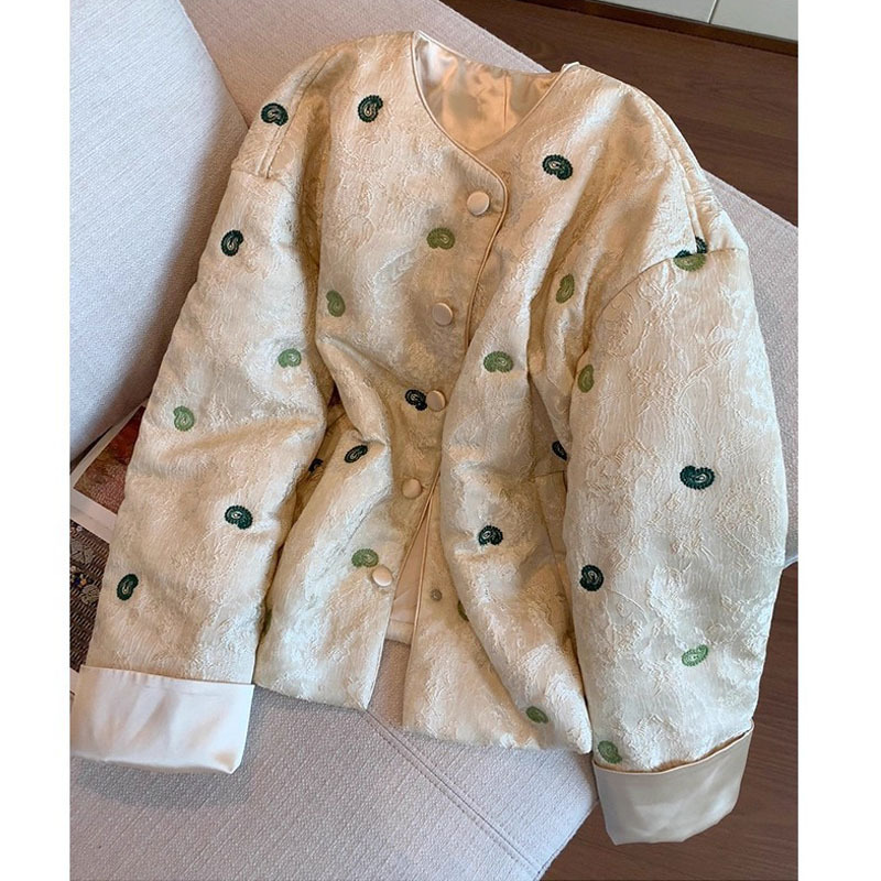 新中式腰果花提花刺绣棉服女秋冬新款高级感气质加厚夹棉国风外套
