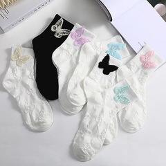 Spring and summer embroidery three-dimensional 3D butterfly mid-calf socks jk lolita white socks fairy pile socks wholesale