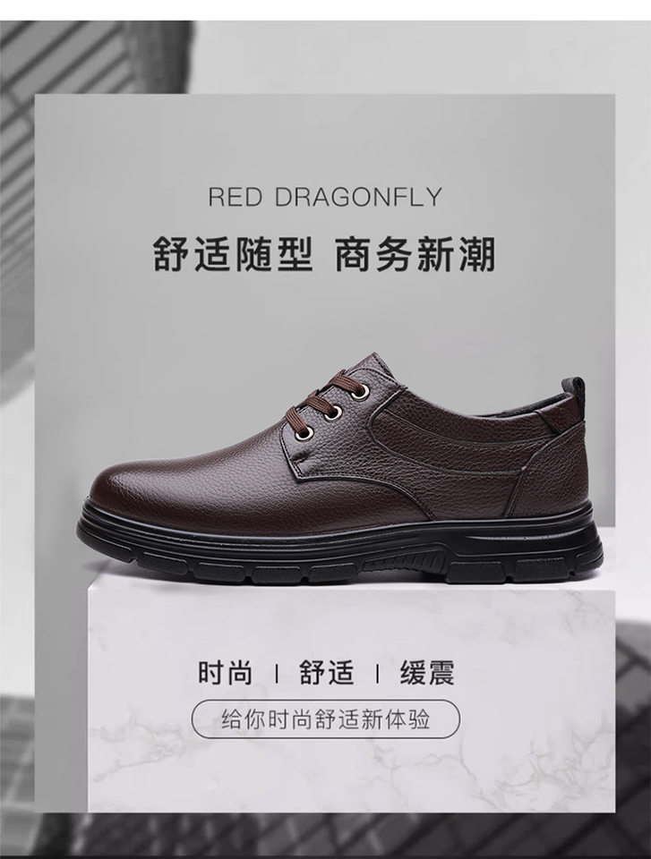 Giày da nam công sở da bò lớp đầu buộc dây kiểu Anh, mũi tròn, gót thấp 1–3 cm — Màu nâu, màu đen chi tiết 3