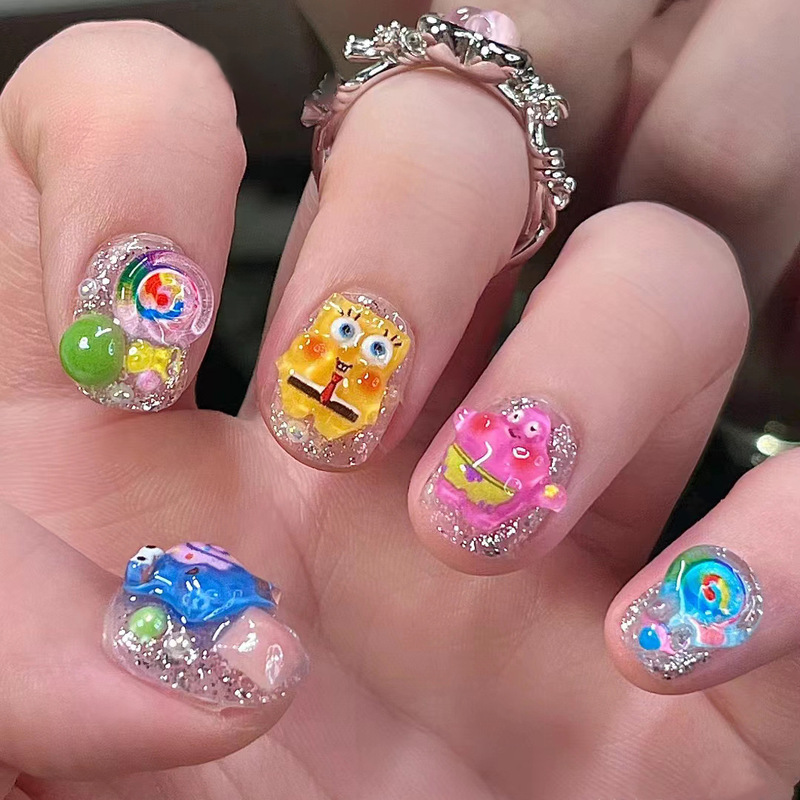 Cute Cartoon Sponge Baby wear nail beauty piece Japanese short round nail piece fake nail nail piece detachable Cute Cartoon Sponge Baby wear nail beauty piece Japanese short round nail piece fake nail nail piece detachable
