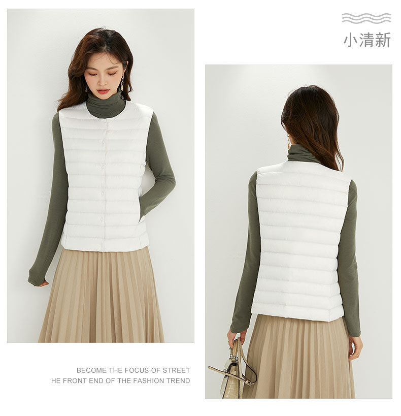 Otoño y invierno nuevo chaqueta ligera de plumón, chaleco de cuello corto de cuello redondo sin cuello ligero chaleco de color sólido