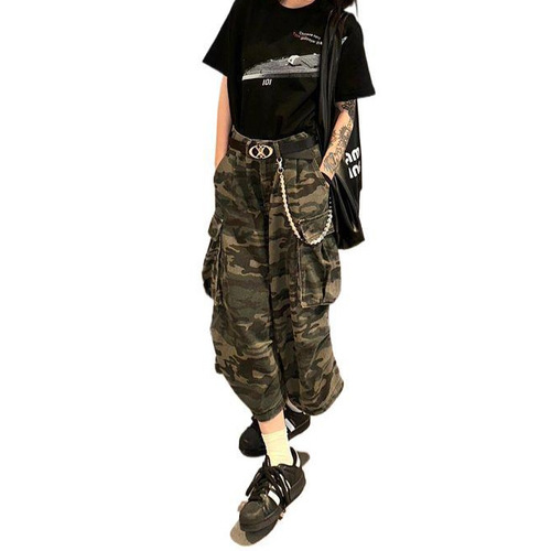 Vintage American Camouflage Wide-Leg Work Pants for Women - Spring and Autumn High-Waisted Loose Straight Leg Casual Seven-Sixth Pants