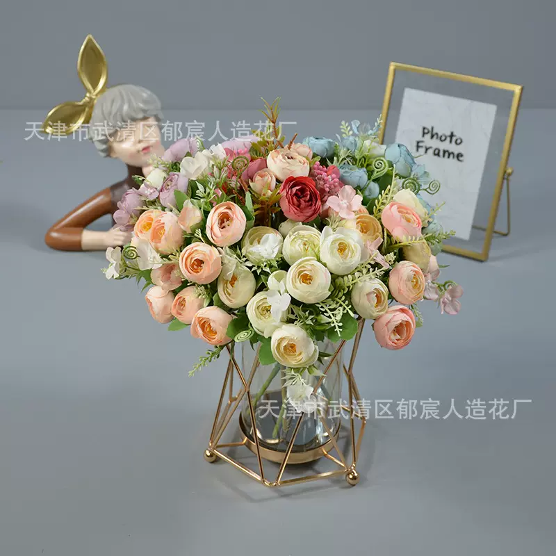 韩式茶玫花束手捧花拍摄道具餐桌摆放茶苞仿真花批发花环帽子装饰
