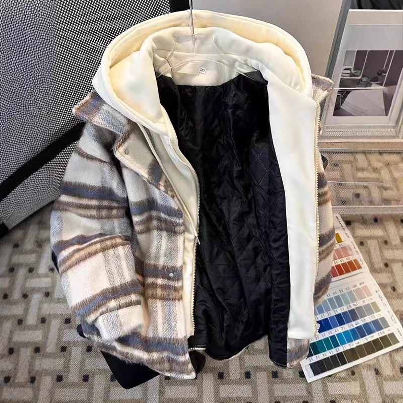假两件格子毛呢外套男款冬季宽松连帽美式复古小香风短款棉衣批发