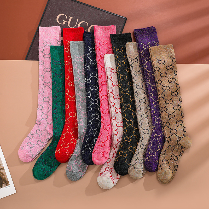 Internet celebrity same style socks letter bright silk gold and silver silk double needle stockings calf socks trendy fashion knee-length socks