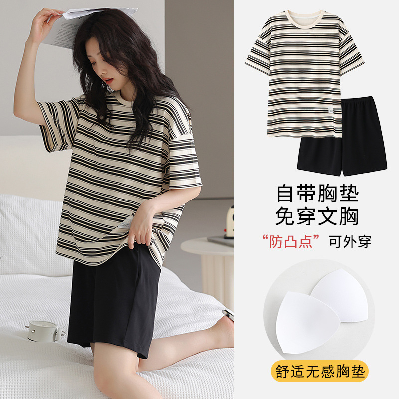 Pajamas with Chest Pad Women's 2025 Summer Short Sleeve Shorts suit Students Wear Bra-Free Underwear Pullover Short Sleeve Sleeping