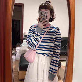 美式复古长袖撞色拼接条纹t恤女春秋新款oversize宽松慵懒风上衣