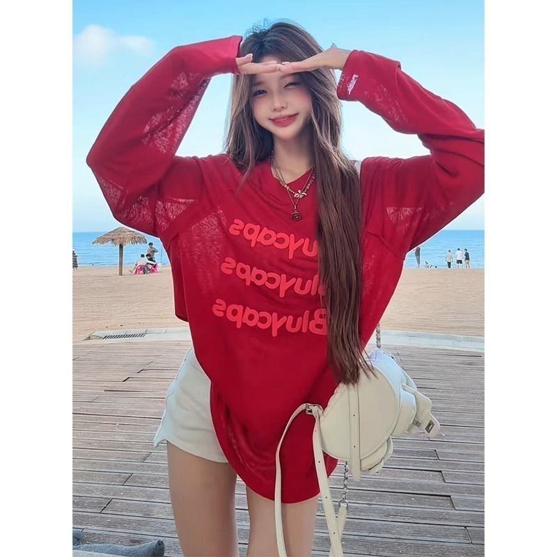 American-Style Letter Print Red Sun-Protective Long-Sleeve T-Shirt for Women, Summer Thin Outerwear Dopamine Fashion Top