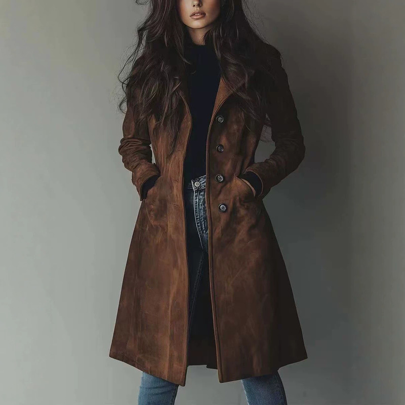 European and American Amazon Cross-Border Foreign Trade Women's Clothing Autumn and Winter New Retro Lapel Suede Long Trench Coat in Stock European and American Amazon Cross-Border Foreign Trade Women's Clothing Autumn and Winter New Retro Lapel Suede Long Trench Coat in Stock