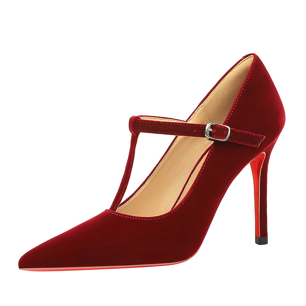 8356 French pointed high heels sexy slim high heels versatile red sole suede T-band with shallow mouth temperament single shoe for women