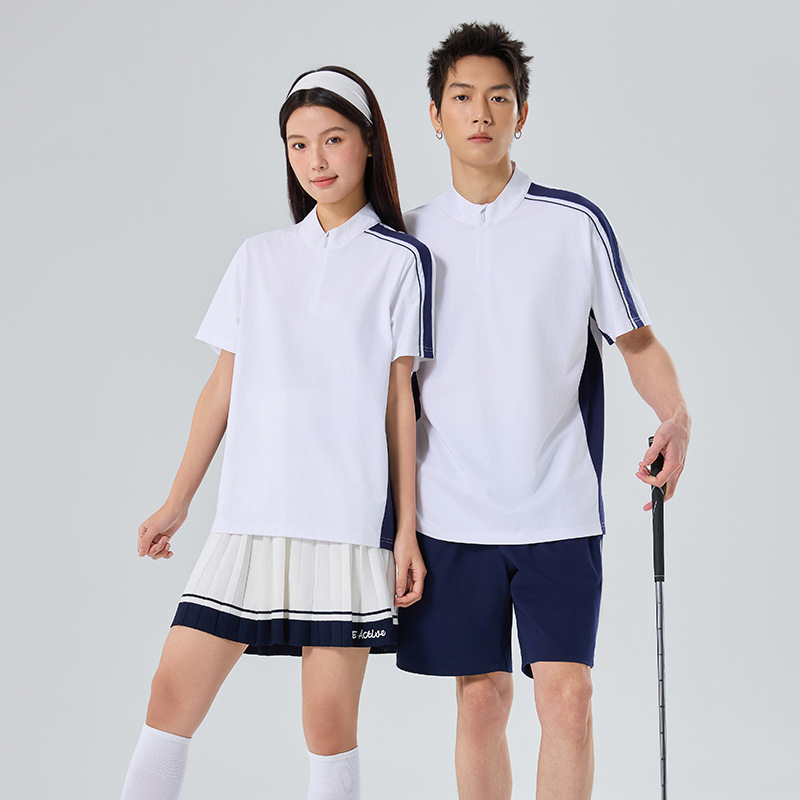 Small Stand-Up Collar Half-Zip Sports T-Shirt with Color-Blocking Raglan Sleeves, Summer Short-Sleeve Team Uniform, Casual Top with Printing