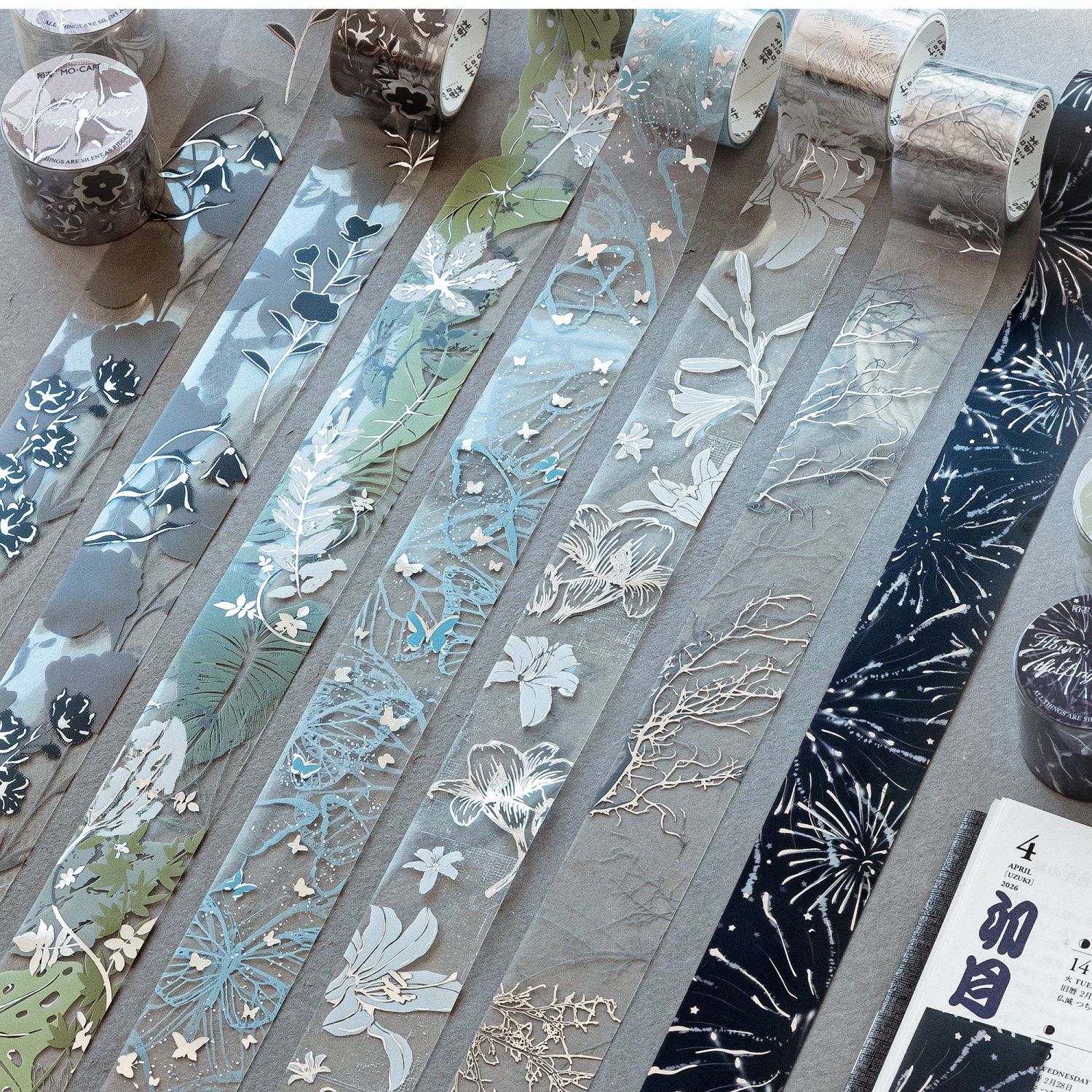 Momo Silver Foil Pet Tape - All Things Are Silent Like a Mystery - Vintage Floral Pattern Journal Material DIY Decoration Collage