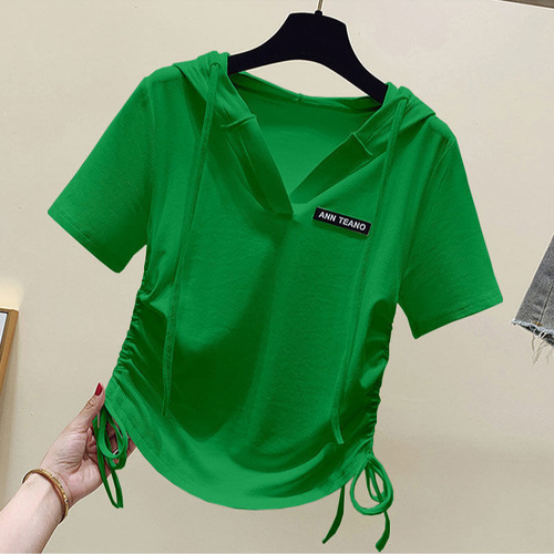 Ice Silk Hooded Short Sleeve T-shirt Women's New Summer Fashion Versatile Asymmetrical Drawstring Short Top Underwear