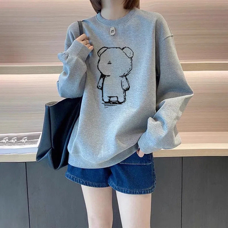 圆领套头打底衫加绒加厚卫衣女2025春秋冬韩版新款宽松卡通外套男