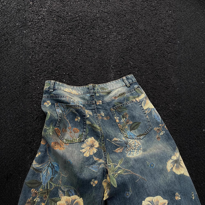 European and American Hiphop Street Pants Washed Full-Print Floral Jeans Loose Casual Pants American Vibe Straight Pants