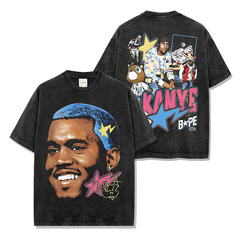 Cross-border retro hip-hop kanye Kanye West double-sided printed short-sleeved T-shirt washing round neck heavy cotton T-men