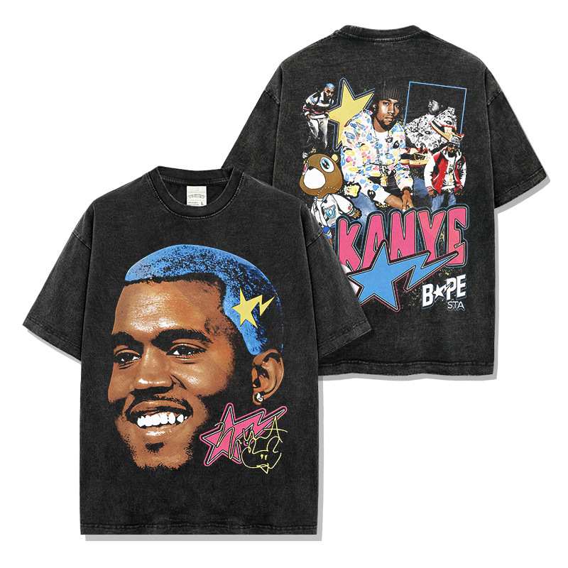Cross-border Retro Hip-hop Kanye West Double-sided Printed Short-sleeved T-shirt Washed Crewneck Heavy Cotton T-shirt for Men