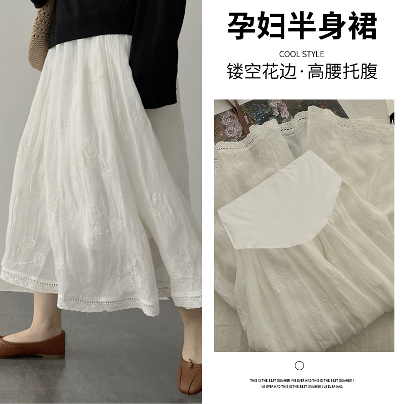 Maternity Wear New Summer Style Artistic and Ethereal Cotton and Linen Embroidered White A-Line Slimming Mid-Length Skirt