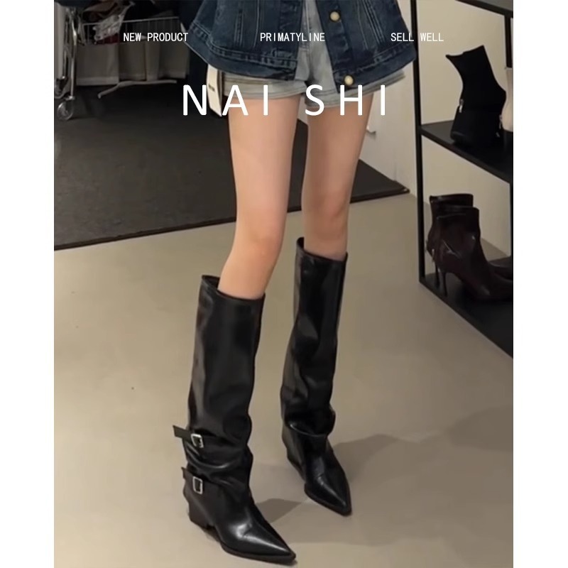 羊皮版！尖头粗跟裤管靴女设计感皮带扣高筒骑士靴不过膝牛仔长靴|undefined