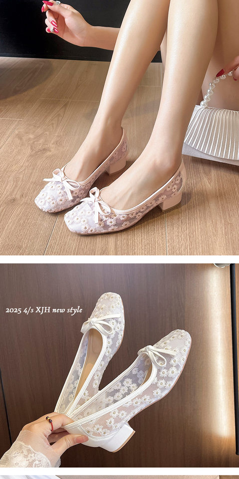 Giày búp bê nữ mũi vuông lưới thêu hoa, gót vừa 3–6 cm, thoáng khí — Màu trắng nhạt, màu hồng nhạt chi tiết 17