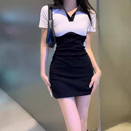 美式辣妹性感露背polo短袖挂脖连衣裙女夏季紧身显瘦包臀裙小个子