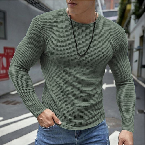 2024 Cross-border E-commerce Amazon Threaded Cuff Base Layer Shirt for Men, Slim-fit, Long-sleeved, Round-neck Casual Top for Europe and the U.S.