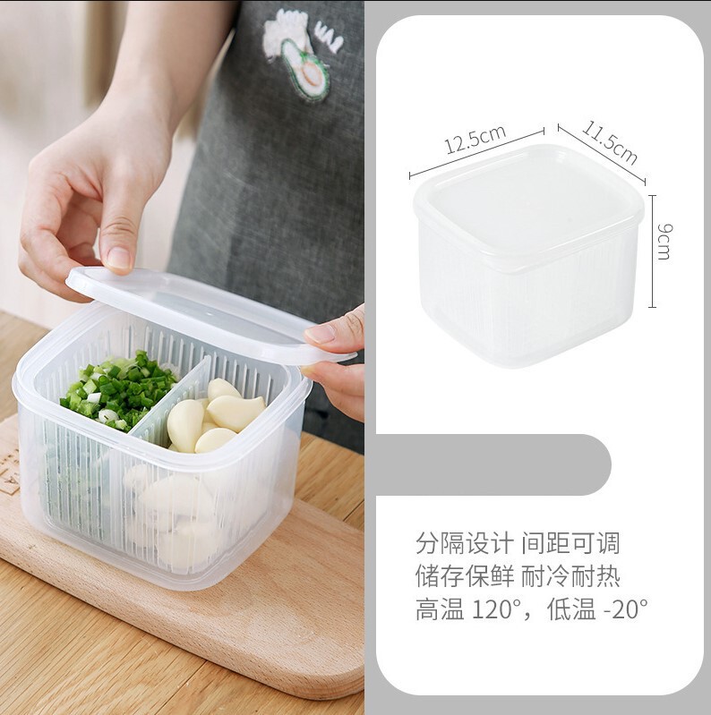 台所の二重ネギの新鮮な箱の冷蔵庫の分格の水切りの貯蔵箱の台所の密封の食材は野菜の冷凍箱を組み立てます。|undefined