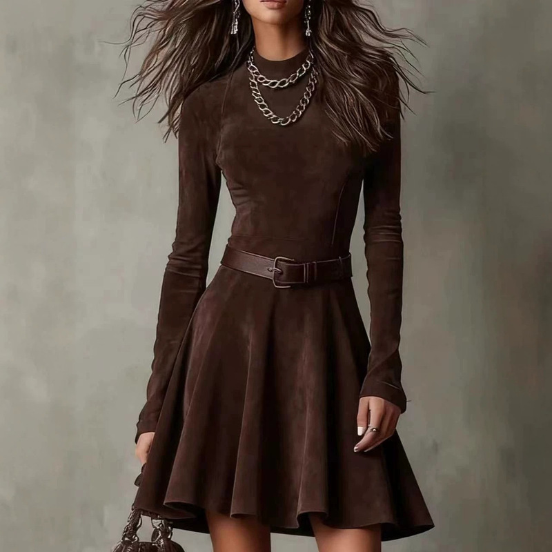 Suede long-sleeve dress for women, autumn and winter, waist-cinching A-line short dress, vintage high-neck slim-fit dress