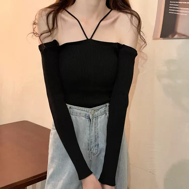 挂脖一字肩针织衫女春秋季新款韩版设计感修身显瘦长袖打底衫上衣