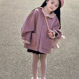 韩国童装秋冬新款甜美粉紫色短款毛呢大衣女童气质加厚呢外套