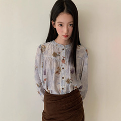 诠释美 NEWOPEN 25秋法式复古印花衬衫女长袖珍珠设计感小衫F6108