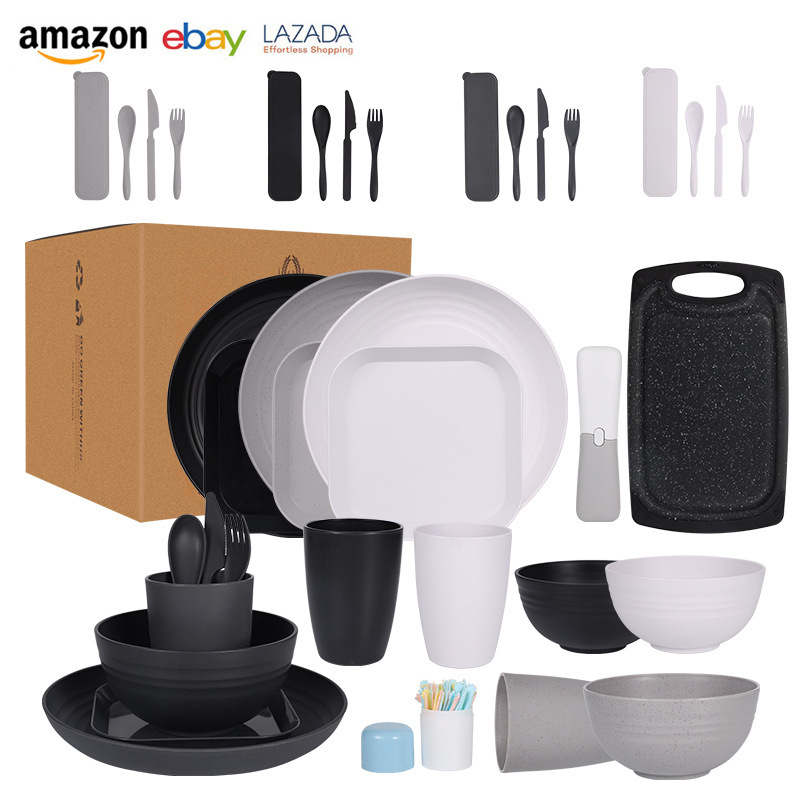 Cross-border Amazon wheat straw bowl dish Cup tableware suit portable outdoor camping fruit knife, fork and spoon chopping board