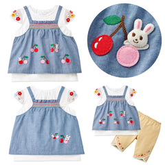 miki童裝 日系女童卡通櫻桃小兔假兩件短袖t恤娃娃衫上衣代發