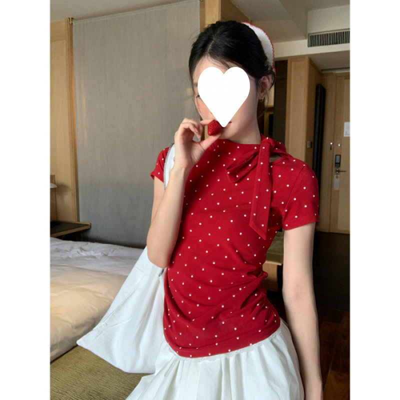 2025 赤水玉半袖 Tシャツ女性の夏の右肩痩身ボウタイホットガールトップ|undefined