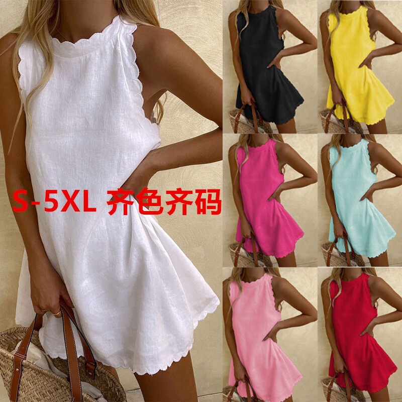 2026 Cross-Border European and American Casual Women's Clothing, Solid Color Cotton and Linen Short Mini Round Neck Sleeveless Dress 2026 Cross-Border European and American Casual Women's Clothing, Solid Color Cotton and Linen Short Mini Round Neck Sleeveless Dress