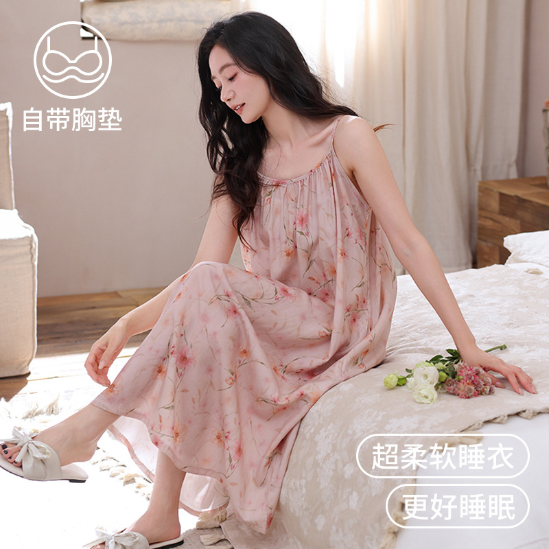 Lyocell Nightgown with Breast Pads for Women, Summer Suspender Nightgown, Plus Size for Pregnant Women, Cool and Thin Tencel Dress
