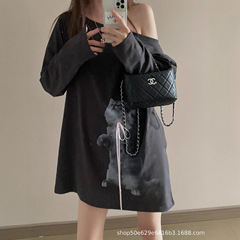 Lisa同款韩系小众蝴蝶结铃铛猫斜肩长袖T恤女宽松显瘦慵懒风上衣
