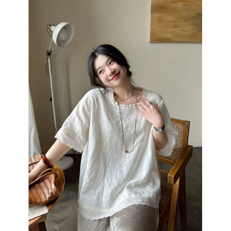 Exquisite Cut Out Lace Splicing Round Neck Silhouette Artistic Loose Shirt Top Forest