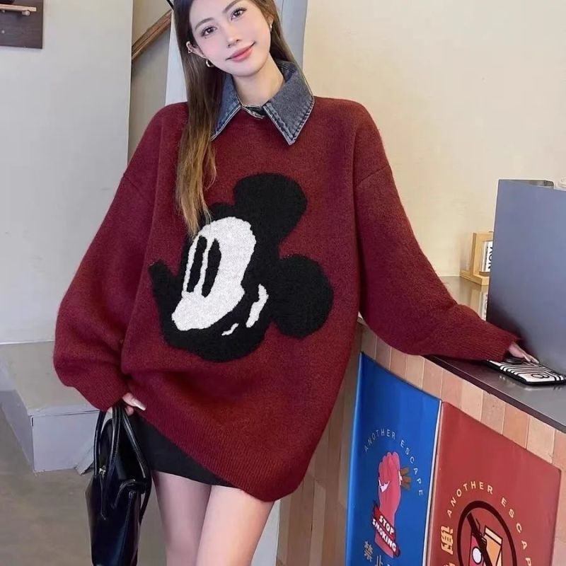 Korean Style Retro Red Pullover Knitwear for Women Spring & Fall New Cartoon Embroider High-End Denim Collar Long-Sleeved Knitwear