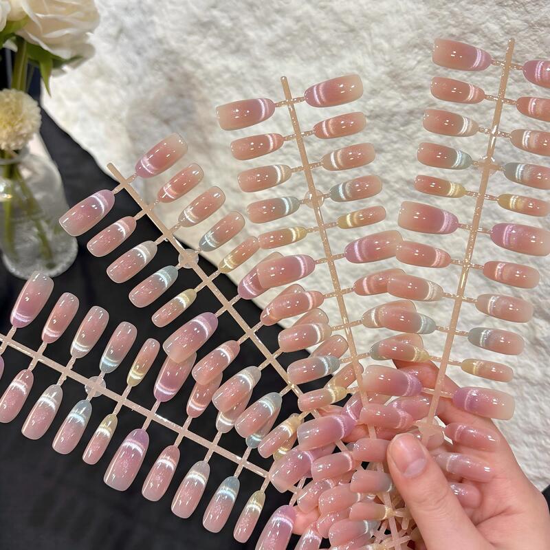 Pre-Made Colorful Smiley Cat-Eye Press-On Nails, Simple Nude Blush Style, Popular Wholesale Short Oval Nail Pieces