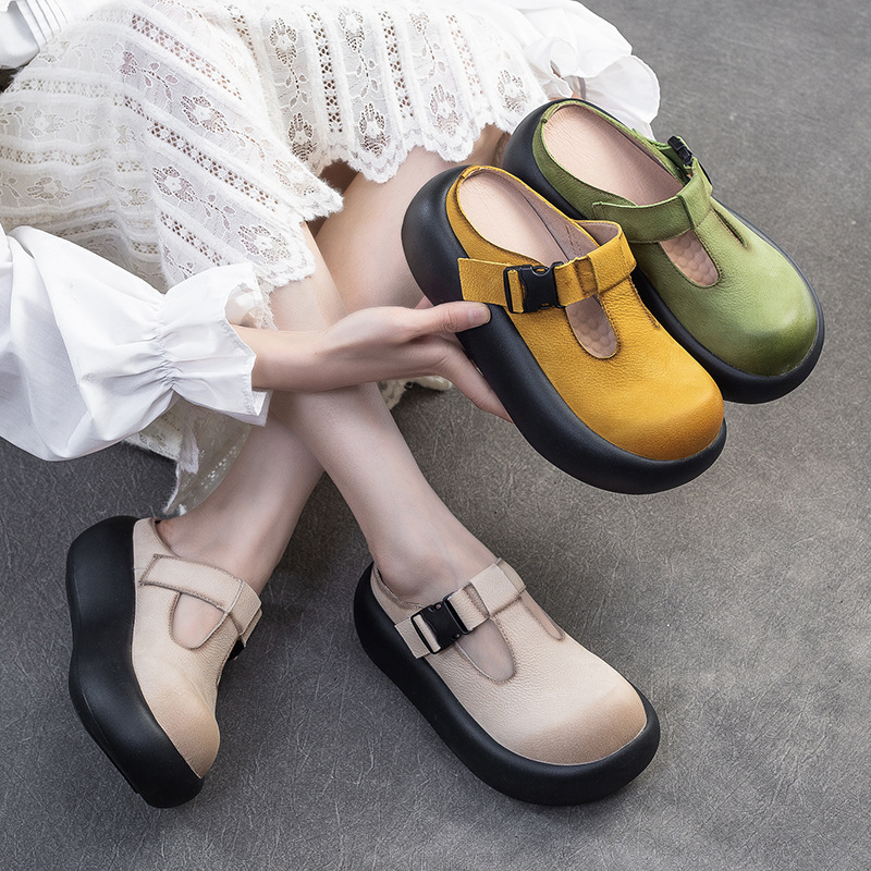 Jie Jie 2025 Summer New Retro Top Layer Cowhide Baotou Bocon Slippers Light Luxury Niche Artistic All-match Women's Shoes