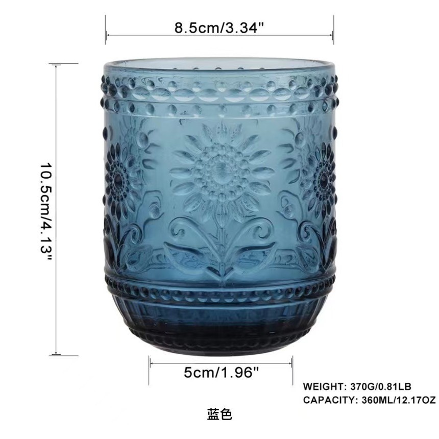 Taza de agua de vidrio con patrón de color de flor de sol en relieve retro al por mayor, taza de jugo de leche para el hogar de girasol, taza de bebida fría