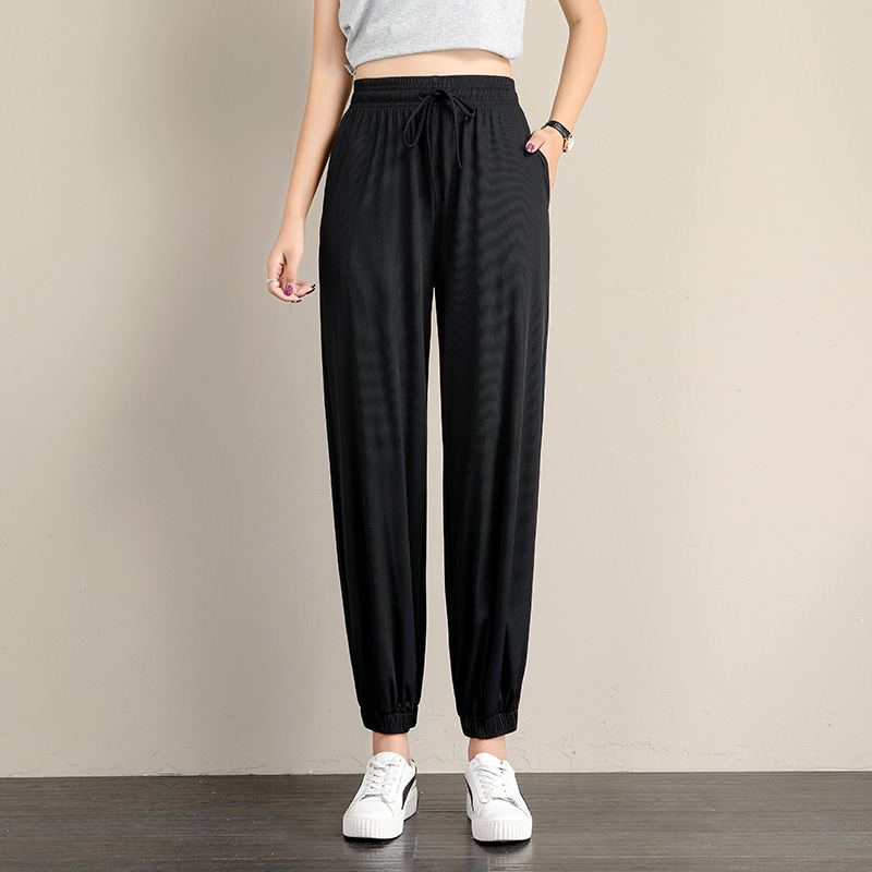 Sports pants women's spring and summer ice silk student Korean style loose slimming ins ankle-tied harem pants thin casual pants 556