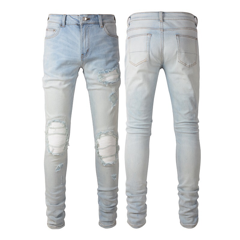 Can Be Shipped on Behalf of Foreign Trade Retro Jeans Men's Slim High Street Ripped Patches Cross-Border Men's Clothing Wholesale Men's Elastic Pants