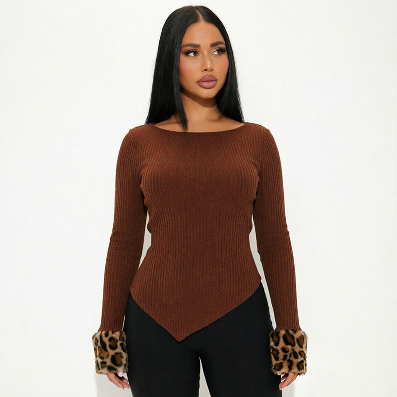 J26TP398 European and American cross-border women's autumn wide round neck leopard print fur spliced sleeve asymmetrical hem pullover slim-fit base top J26TP398 European and American cross-border women's autumn wide round neck leopard print fur spliced sleeve asymmetrical hem pullover slim-fit base top
