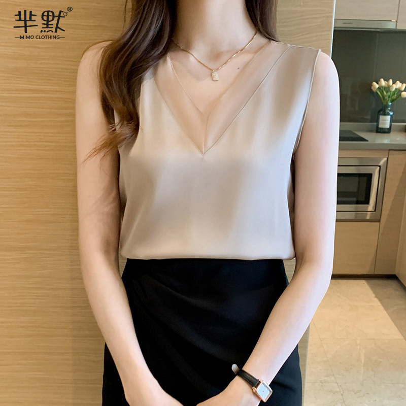 Lace V-neck Silk Camisole Women's Inner Suit Summer Fashion Stylish Base White Satin Top Large Size