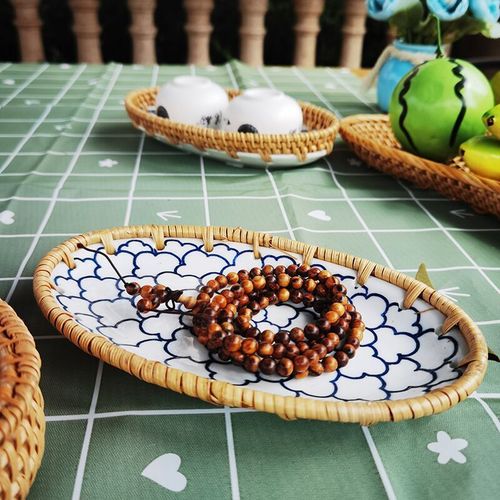 Rattan ceramic fruit plate, snack fruit basket, handmade storage basket, household tray, creative woven versatile plate