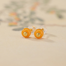 壹鹿银蜜蜡S925纯银钱币圆形小巧精致复古新中式耳钉耳饰工厂批发