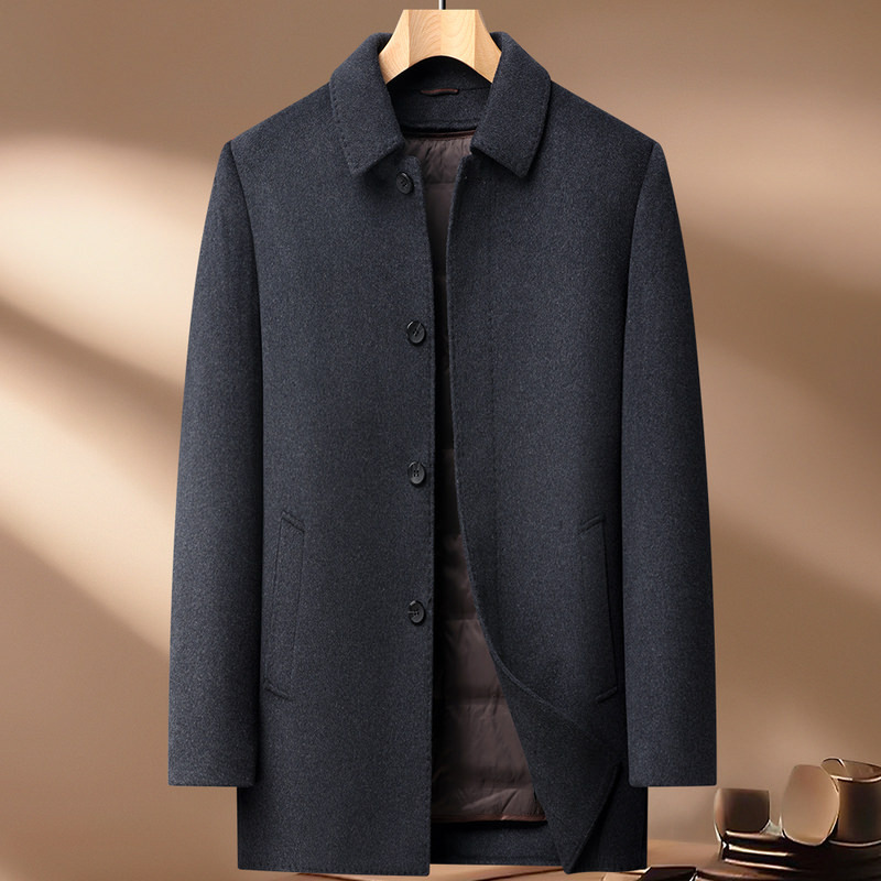 Mens Wool Jacket Thick Double Sided Fabric Stand Collar Insulated with Down Lining Autumn Winter Casual Wear