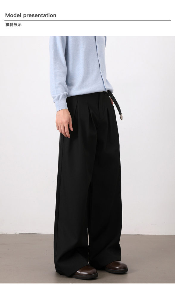 Quần tây nam casual dáng rộng ống suông xếp ly đôi chữ A vải rủ — Màu xám nhạt, màu đen chi tiết 7